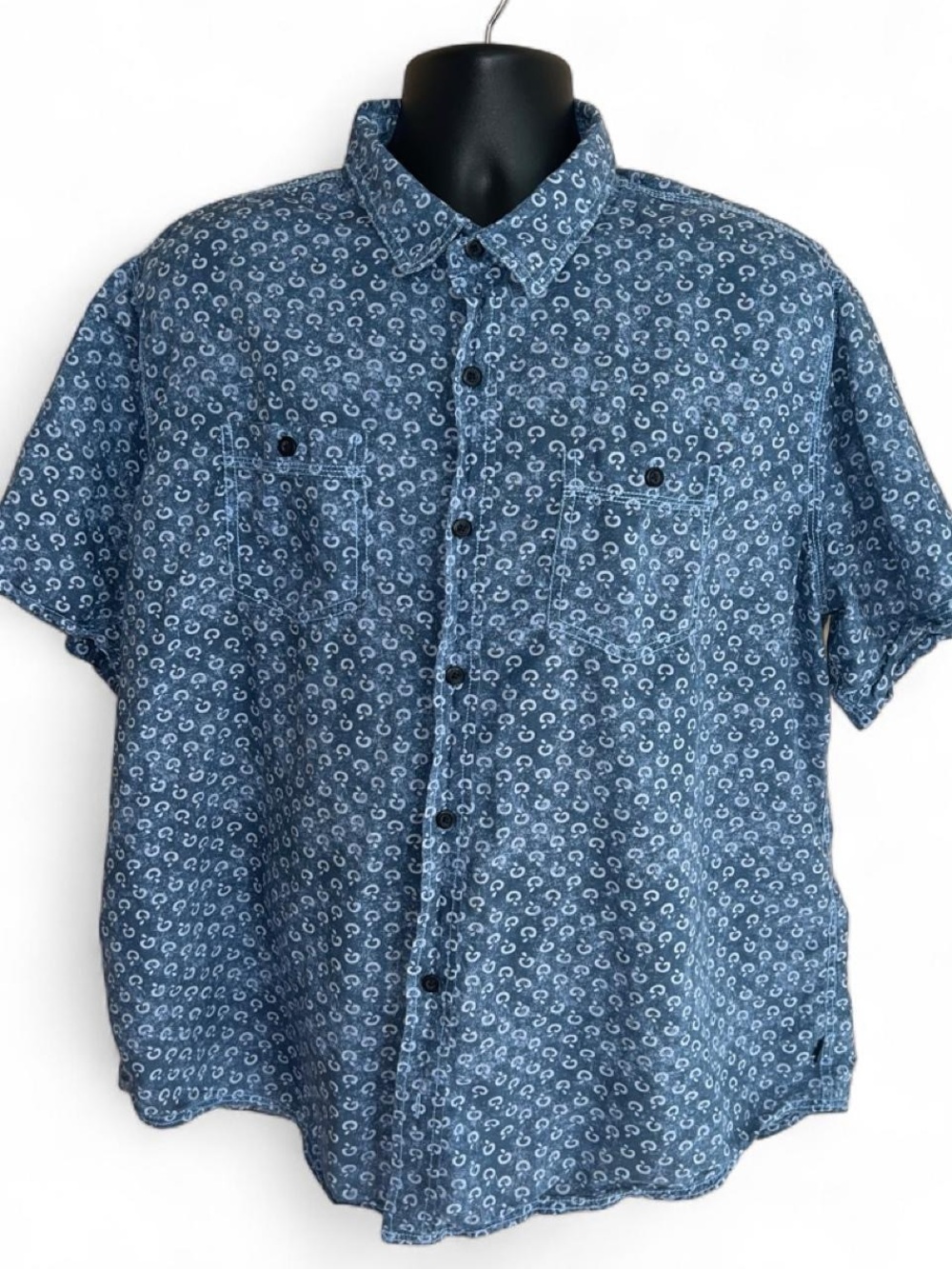 LL bean Men's Short Sleeve Blue Printed Button-Up Shirt